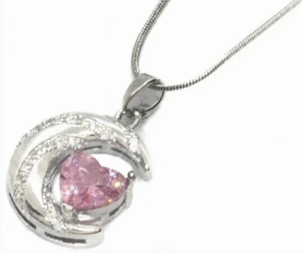 Cadena de acero quirurgico con dije luna con cubic rosa y micro pave cristal 40cm + 5cm